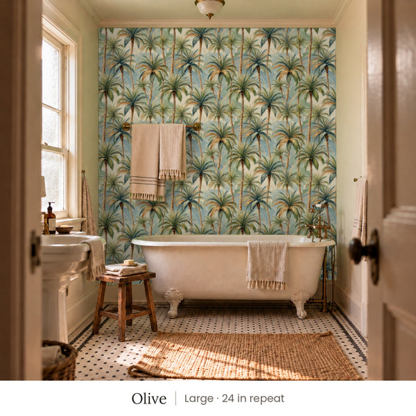 Palm Olive peel and stick wallpaper, large 24 in repeat, in a bathroom with a clawfoot tub and hanging towels
