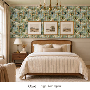 Palm Olive peel and stick wallpaper, large 24 in repeat, in a bedroom with shiplap paneling and framed landscape prints