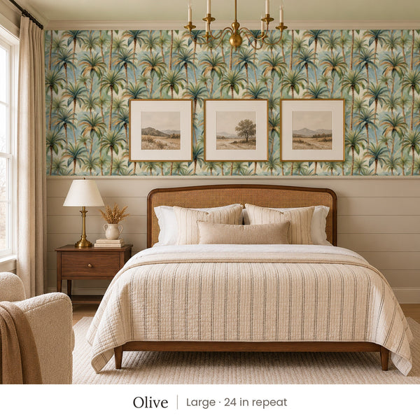 Palm Olive peel and stick wallpaper, large 24 in repeat, in a bedroom with shiplap paneling and framed landscape prints