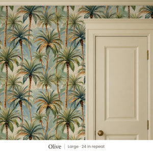 Palm Olive peel and stick wallpaper, large 24 in repeat, beside a cream panel door