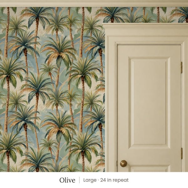Palm Olive peel and stick wallpaper, large 24 in repeat, beside a cream panel door