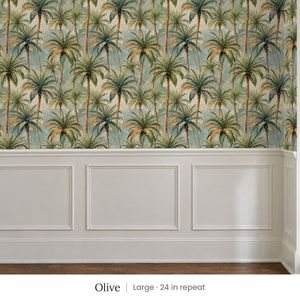 Palm Olive peel and stick wallpaper, large 24 in repeat, above white panel wainscoting