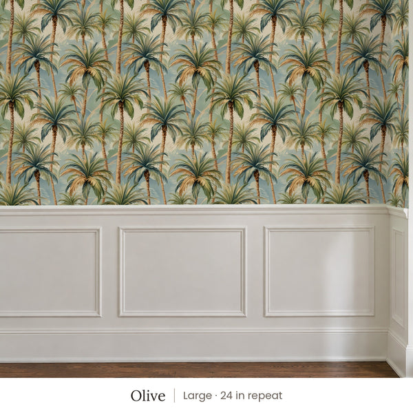 Palm Olive peel and stick wallpaper, large 24 in repeat, above white panel wainscoting