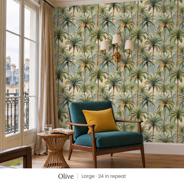 Palm Olive peel and stick wallpaper, large 24 in repeat, in a reading corner with a teal armchair