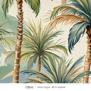 Palm wallpaper in Olive, extra large 48 in repeat, painted palm trees in green and blue on a cream ground