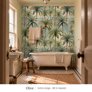 Palm Olive peel and stick wallpaper, extra large 48 in repeat, in a bathroom with a clawfoot tub and hanging towels