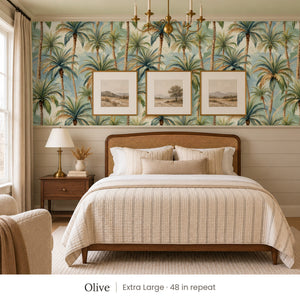 Palm Olive peel and stick wallpaper, extra large 48 in repeat, in a bedroom with shiplap paneling and framed landscape prints