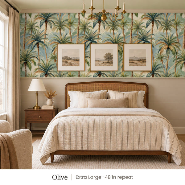 Palm Olive peel and stick wallpaper, extra large 48 in repeat, in a bedroom with shiplap paneling and framed landscape prints