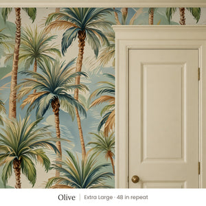 Palm Olive peel and stick wallpaper, extra large 48 in repeat, beside a cream panel door