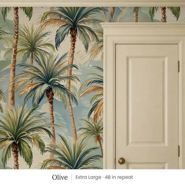 Palm Olive peel and stick wallpaper, extra large 48 in repeat, beside a cream panel door