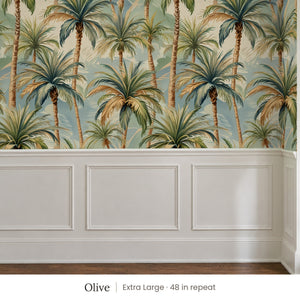 Palm Olive peel and stick wallpaper, extra large 48 in repeat, above white panel wainscoting