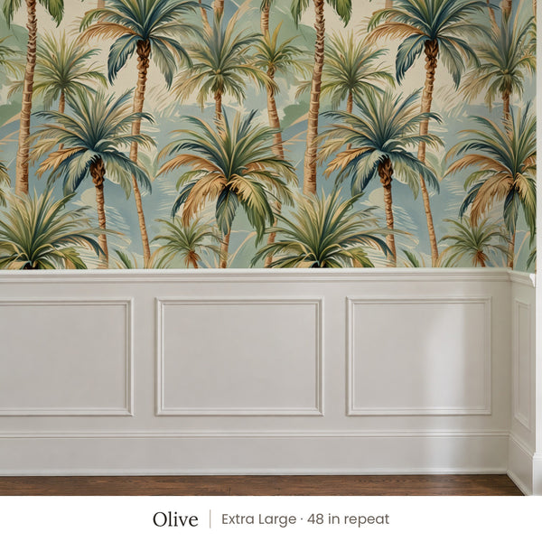 Palm Olive peel and stick wallpaper, extra large 48 in repeat, above white panel wainscoting