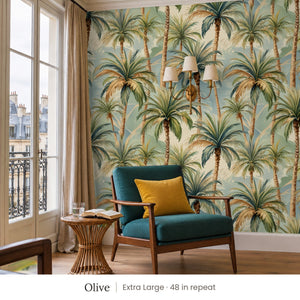 Palm Olive peel and stick wallpaper, extra large 48 in repeat, in a reading corner with a teal armchair