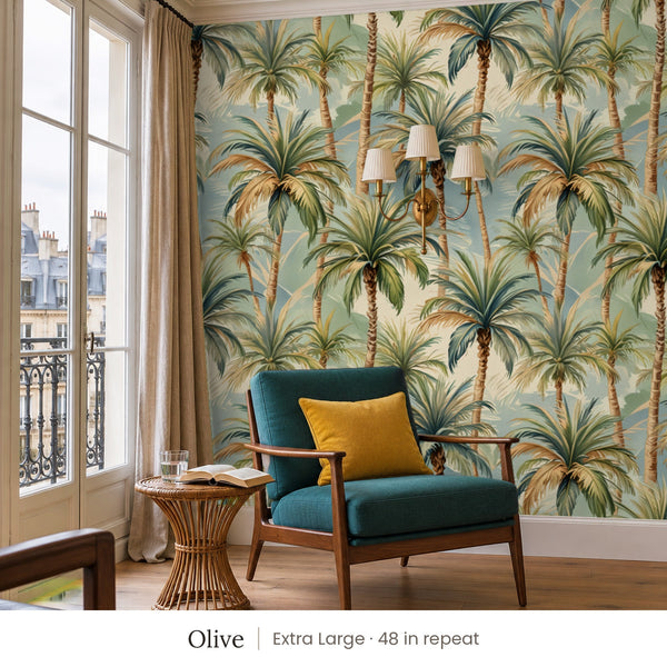 Palm Olive peel and stick wallpaper, extra large 48 in repeat, in a reading corner with a teal armchair