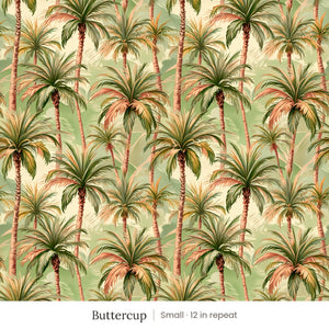 Palm wallpaper in Buttercup, small 12 in repeat, painted palm trees in green and coral on a butter yellow ground