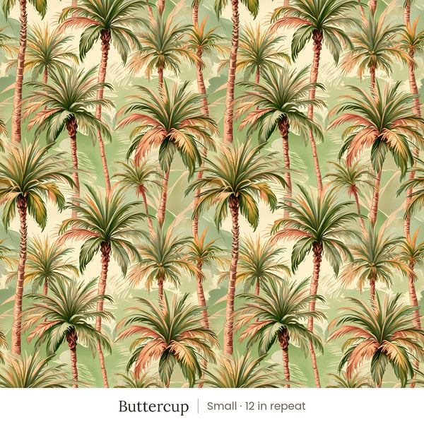 Palm wallpaper in Buttercup, small 12 in repeat, painted palm trees in green and coral on a butter yellow ground