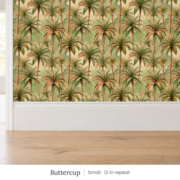 Palm Buttercup peel and stick wallpaper, small 12 in repeat, above a white baseboard and oak floor