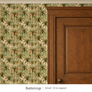 Palm Buttercup peel and stick wallpaper, small 12 in repeat, beside a dark wood panel door