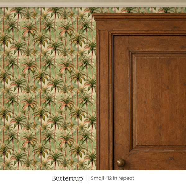 Palm Buttercup peel and stick wallpaper, small 12 in repeat, beside a dark wood panel door