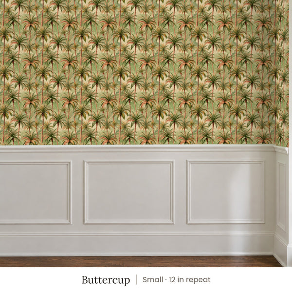 Palm Buttercup peel and stick wallpaper, small 12 in repeat, above white panel wainscoting