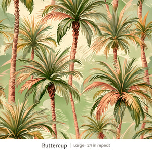Palm wallpaper in Buttercup, large 24 in repeat, painted palm trees in green and coral on a butter yellow ground