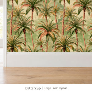 Palm Buttercup peel and stick wallpaper, large 24 in repeat, above a white baseboard and oak floor