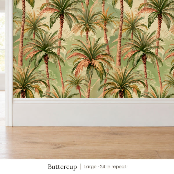 Palm Buttercup peel and stick wallpaper, large 24 in repeat, above a white baseboard and oak floor