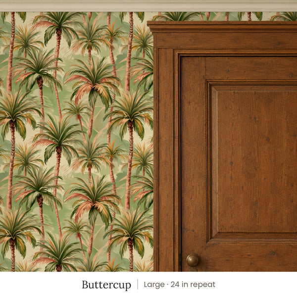 Palm Buttercup peel and stick wallpaper, large 24 in repeat, beside a dark wood panel door
