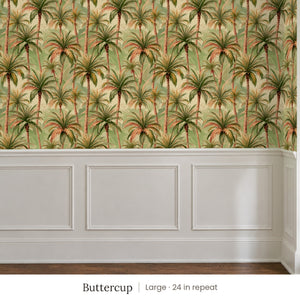 Palm Buttercup peel and stick wallpaper, large 24 in repeat, above white panel wainscoting
