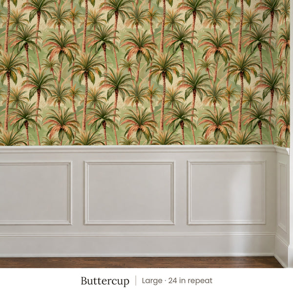 Palm Buttercup peel and stick wallpaper, large 24 in repeat, above white panel wainscoting