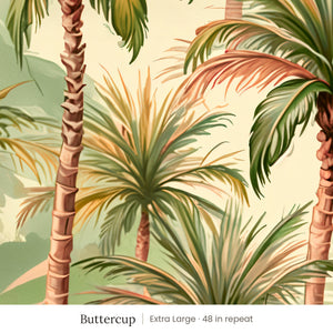 Palm wallpaper in Buttercup, extra large 48 in repeat, painted palm trees in green and coral on a butter yellow ground