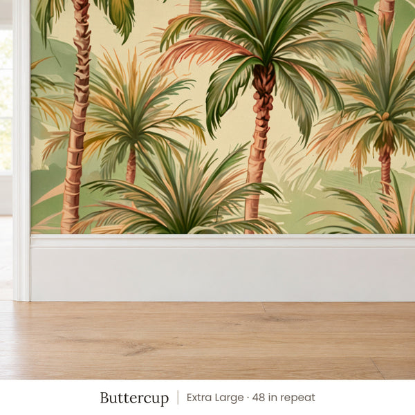 Palm Buttercup peel and stick wallpaper, extra large 48 in repeat, above a white baseboard and oak floor
