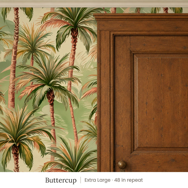 Palm Buttercup peel and stick wallpaper, extra large 48 in repeat, beside a dark wood panel door