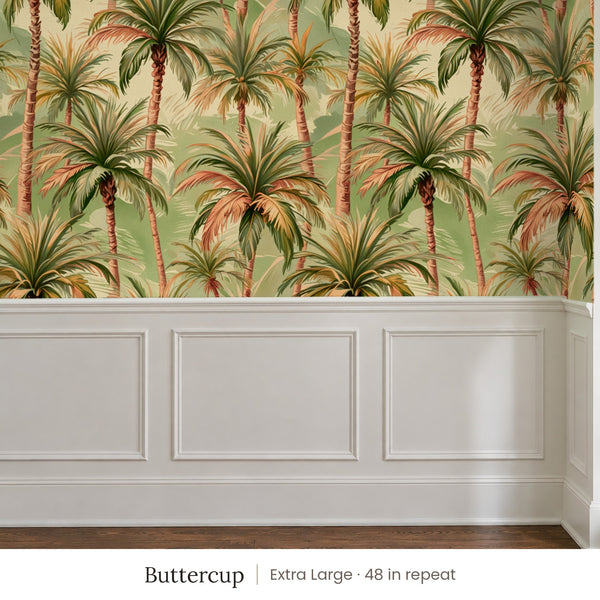 Palm Buttercup peel and stick wallpaper, extra large 48 in repeat, above white panel wainscoting