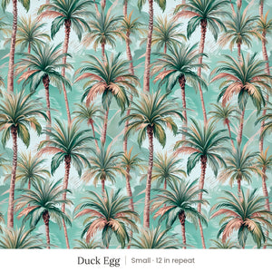 Palm wallpaper in Duck Egg, small 12 in repeat, painted palm trees in teal and coral on a duck egg blue ground