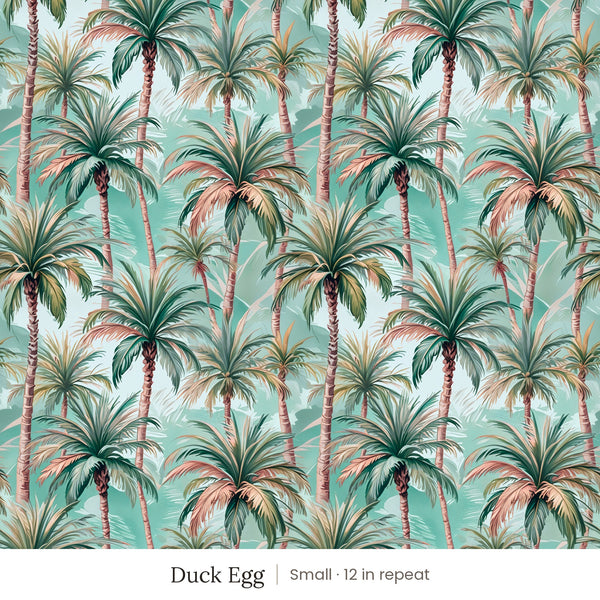 Palm wallpaper in Duck Egg, small 12 in repeat, painted palm trees in teal and coral on a duck egg blue ground