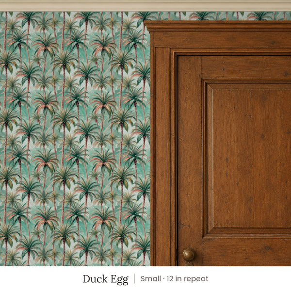 Palm Duck Egg peel and stick wallpaper, small 12 in repeat, beside a dark wood panel door