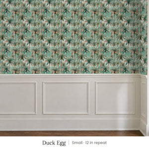 Palm Duck Egg peel and stick wallpaper, small 12 in repeat, above white panel wainscoting