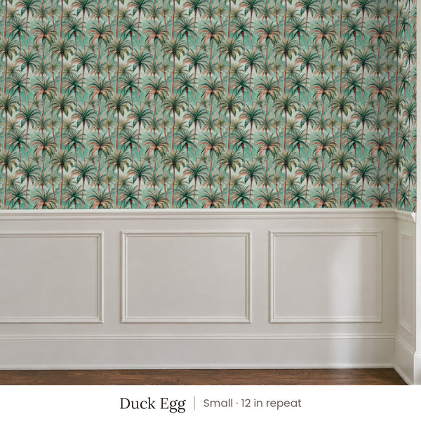 Palm Duck Egg peel and stick wallpaper, small 12 in repeat, above white panel wainscoting