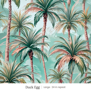 Palm wallpaper in Duck Egg, large 24 in repeat, painted palm trees in teal and coral on a duck egg blue ground