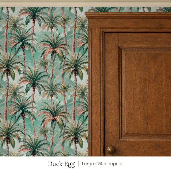 Palm Duck Egg peel and stick wallpaper, large 24 in repeat, beside a dark wood panel door