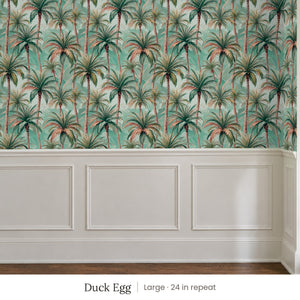 Palm Duck Egg peel and stick wallpaper, large 24 in repeat, above white panel wainscoting