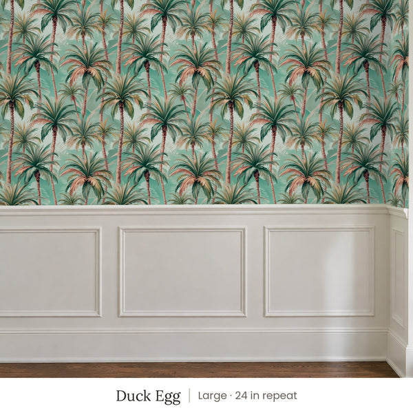 Palm Duck Egg peel and stick wallpaper, large 24 in repeat, above white panel wainscoting
