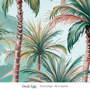 Palm wallpaper in Duck Egg, extra large 48 in repeat, painted palm trees in teal and coral on a duck egg blue ground