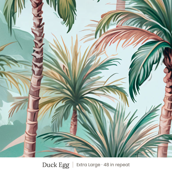 Palm wallpaper in Duck Egg, extra large 48 in repeat, painted palm trees in teal and coral on a duck egg blue ground