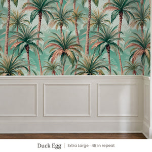 Palm Duck Egg peel and stick wallpaper, extra large 48 in repeat, above white panel wainscoting