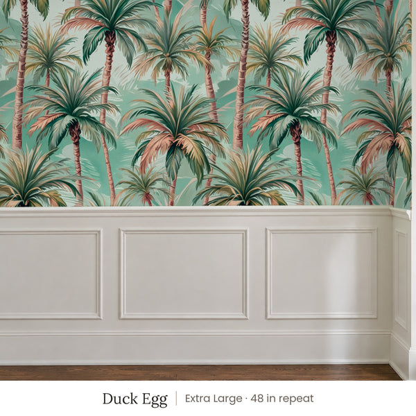 Palm Duck Egg peel and stick wallpaper, extra large 48 in repeat, above white panel wainscoting