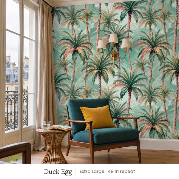 Palm Duck Egg peel and stick wallpaper, extra large 48 in repeat, in a reading corner with a teal armchair