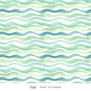Lyme wallpaper in Teal, small 12 in repeat, watercolor waves in teal, green and pale yellow on cream