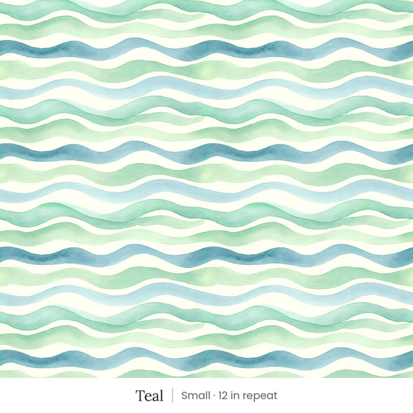 Lyme wallpaper in Teal, small 12 in repeat, watercolor waves in teal, green and pale yellow on cream